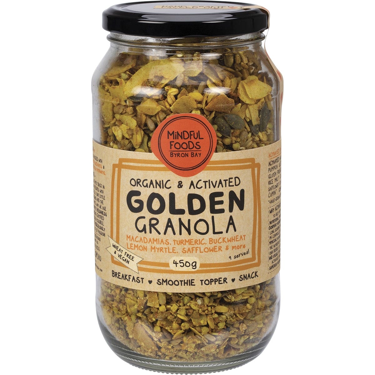 450g jar of Mindful Foods Golden Granola, organic and activated, with a yellow label on a white background.