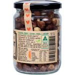 Mindful Foods 250g glass jar of organic and activated hazelnuts featuring a blue label on a white background.