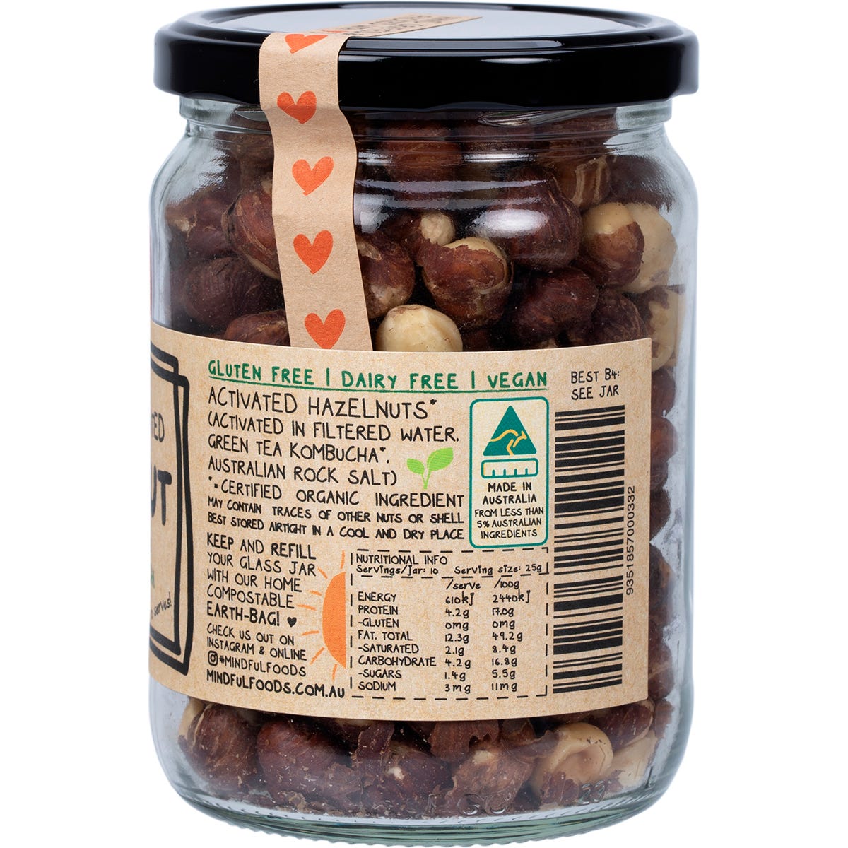 Mindful Foods 250g glass jar of organic and activated hazelnuts featuring a blue label on a white background.
