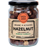 250g glass jar of Mindful Foods Organic and Activated Hazelnuts with a blue label on a white background.