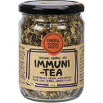 110g glass jar of Mindful Foods Immuni-Tea organic herbal tea with a white label and botanical illustrations.