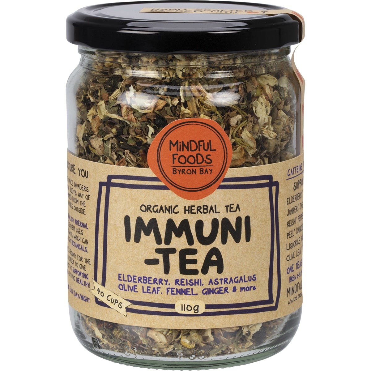 110g glass jar of Mindful Foods Immuni-Tea organic herbal tea with a white label and botanical illustrations.
