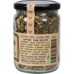 Side view of Mindful Foods Immuni-Tea 110g glass jar showing ingredients list and brewing instructions.