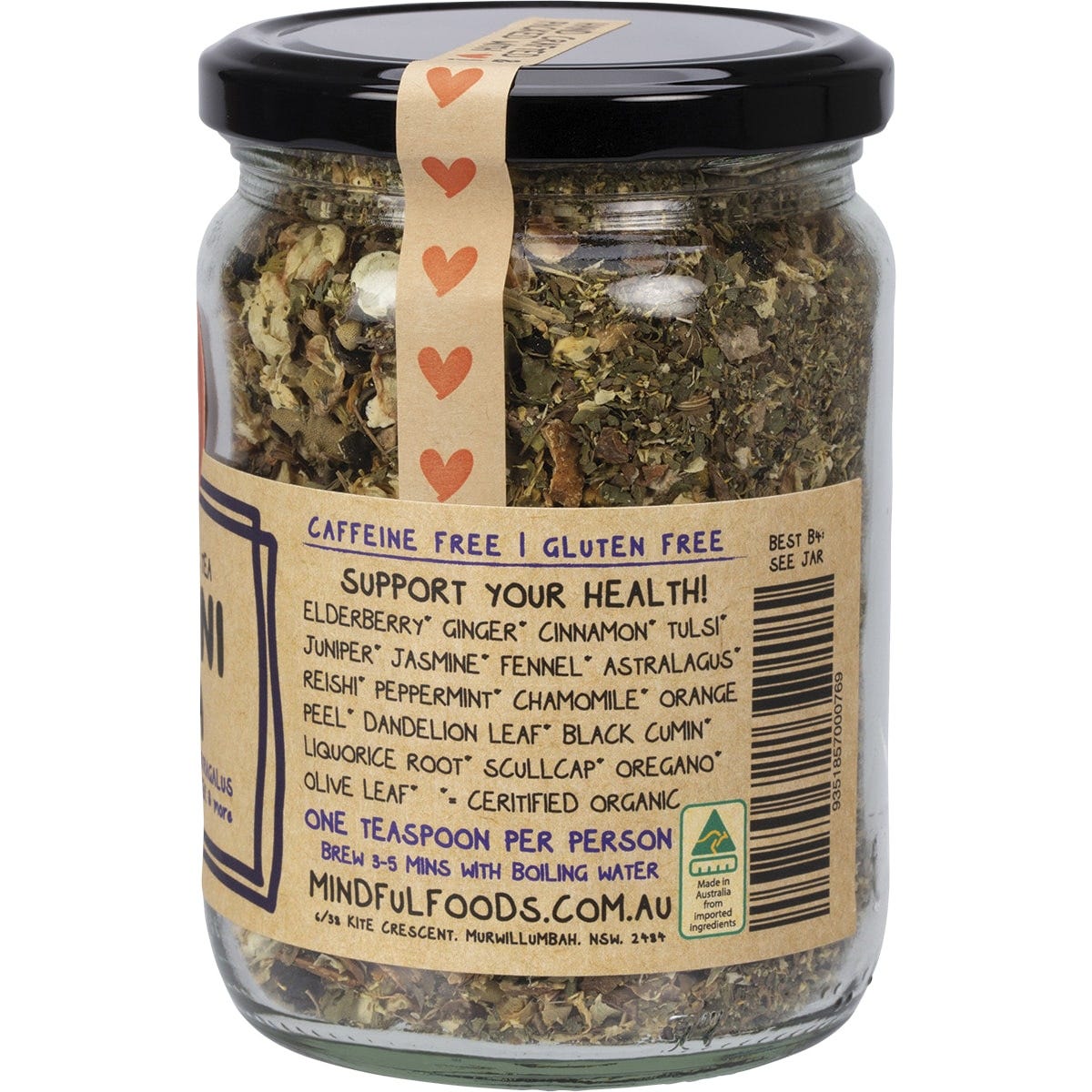 Side view of Mindful Foods Immuni-Tea 110g glass jar showing ingredients list and brewing instructions.