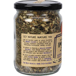 A 110g glass jar of Mindful Foods Immuni-Tea with a white label featuring botanical illustrations of herbs and flowers.