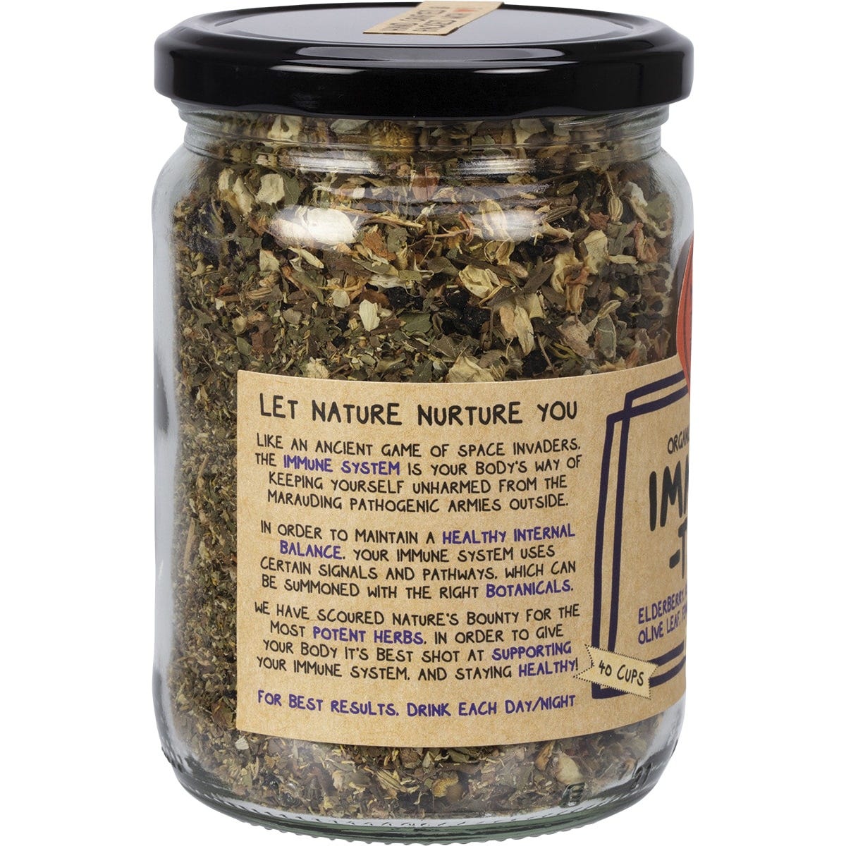 A 110g glass jar of Mindful Foods Immuni-Tea with a white label featuring botanical illustrations of herbs and flowers.