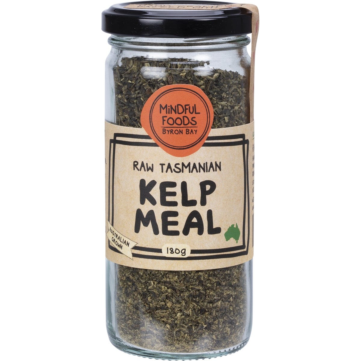 Mindful Foods Raw Tasmanian Kelp Meal 180g in a glass jar with a black lid and botanical label.