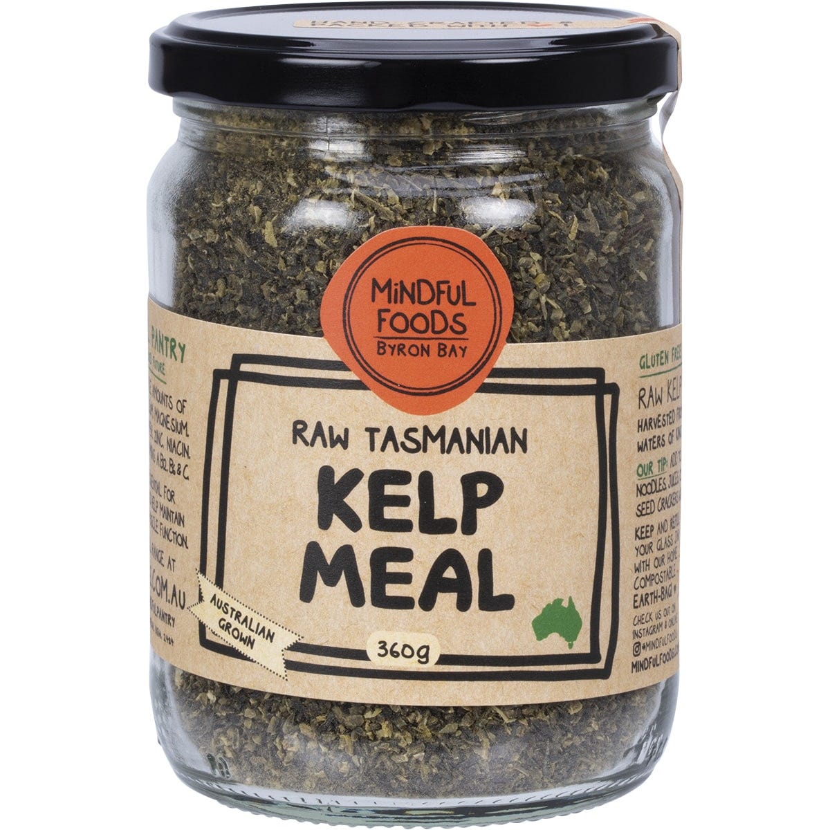 Mindful Foods 360g glass jar of raw Tasmanian kelp meal with a white and blue label.