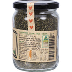 Side view of Mindful Foods Raw Tasmanian Kelp Meal 360g glass jar with a blue and white label.