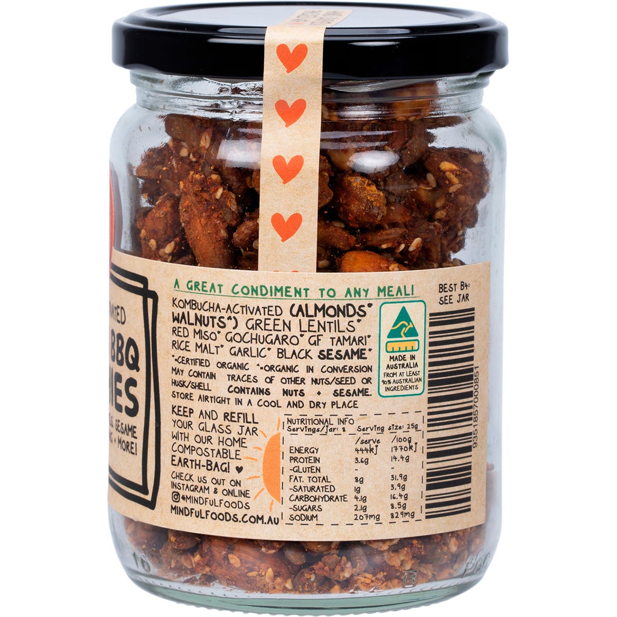 Mindful Foods Korean BBQ Munchies 200g jar of organic activated nuts and lentils on a white background.