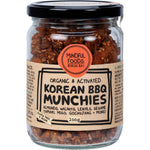 A 200g jar of Mindful Foods Korean BBQ Munchies featuring organic activated nuts and lentils on a white background.