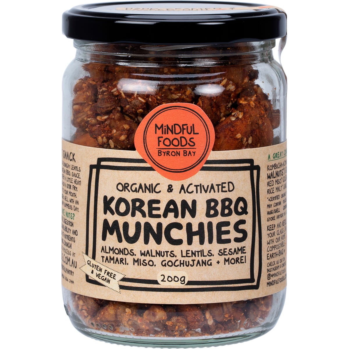 A 200g jar of Mindful Foods Korean BBQ Munchies featuring organic activated nuts and lentils on a white background.