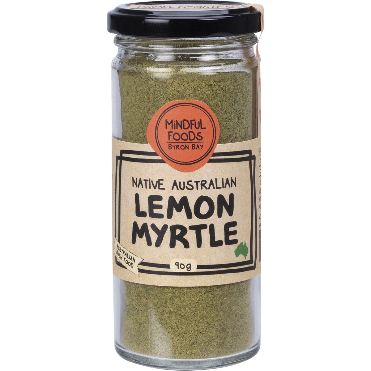 90g jar of Mindful Foods organic Lemon Myrtle powder featuring native Australian botanical labels.