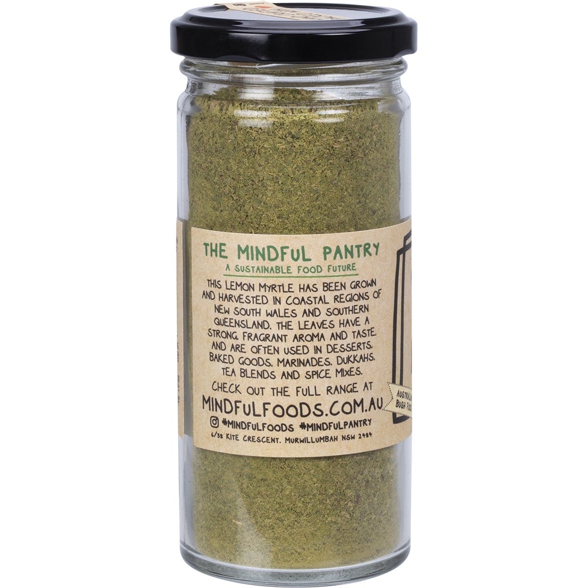 Mindful Foods 90g jar of organic Lemon Myrtle powder with a native Australian botanical label on a white background.