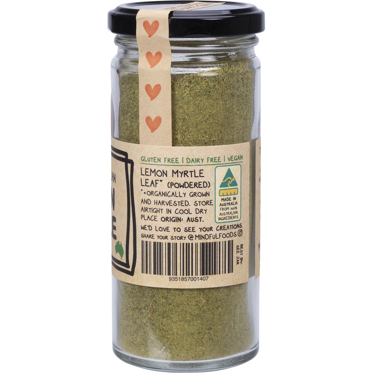 Side view of a 90g glass jar of Mindful Foods organic Lemon Myrtle powder showing ingredients and directions.