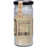 Mindful Foods 130g organic maca powder glass jar with gold lid showing nutrition facts and directions.