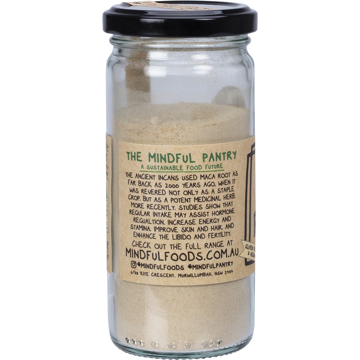 Mindful Foods 130g organic maca powder glass jar with gold lid and white label on a white background.