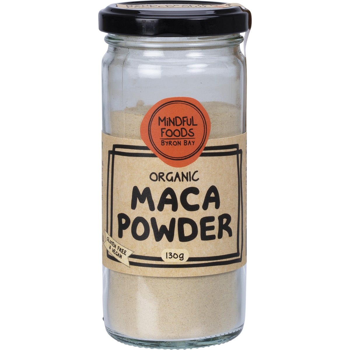 130g glass jar of Mindful Foods Organic Maca Powder with a white label and gold lid on a white background.