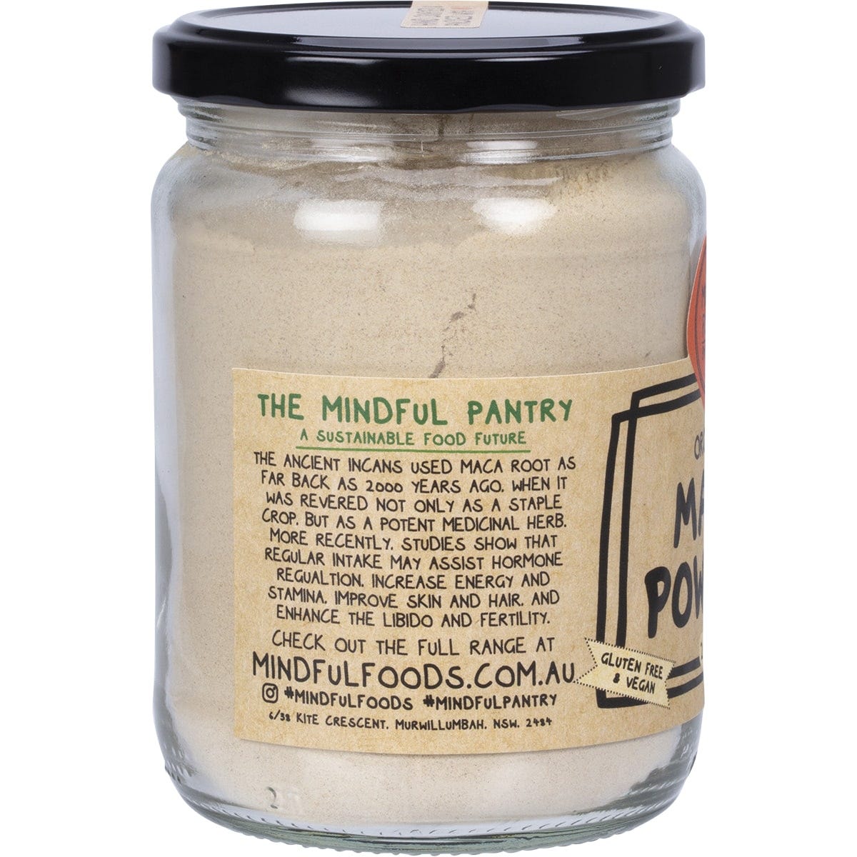 Mindful Foods 260g organic maca powder jar with a brown label and wooden lid on a white background.