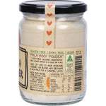 Side view of a 260g jar of Mindful Foods organic maca powder showing nutrition facts and a wooden lid.