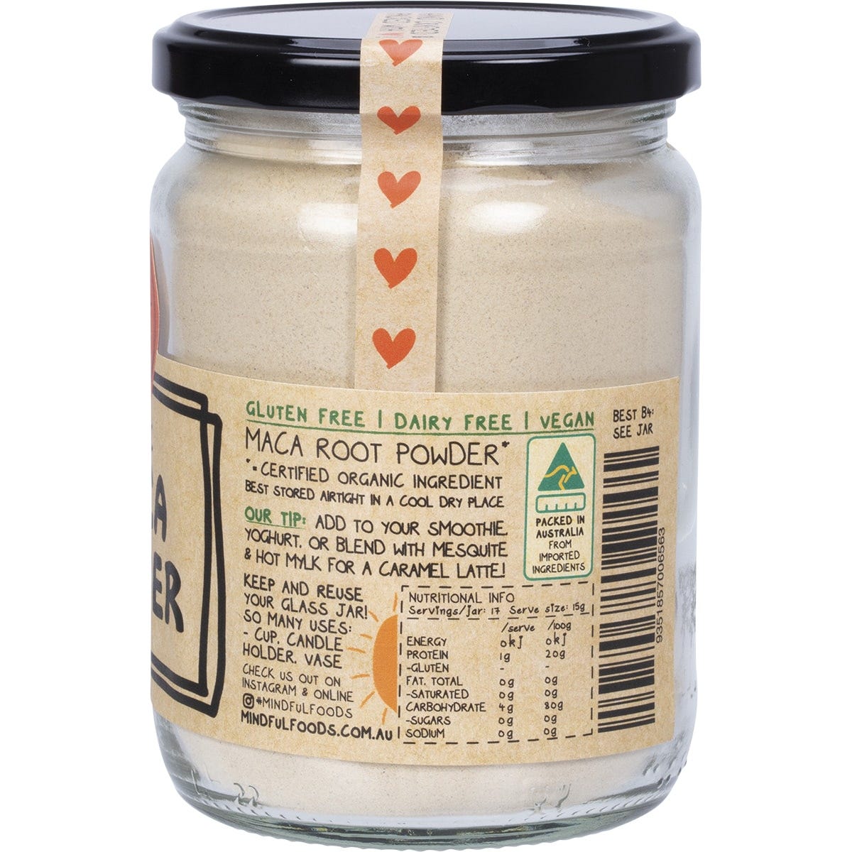 Side view of a 260g jar of Mindful Foods organic maca powder showing nutrition facts and a wooden lid.