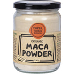 260g jar of Mindful Foods organic maca powder with a brown label and wooden lid on a white background.