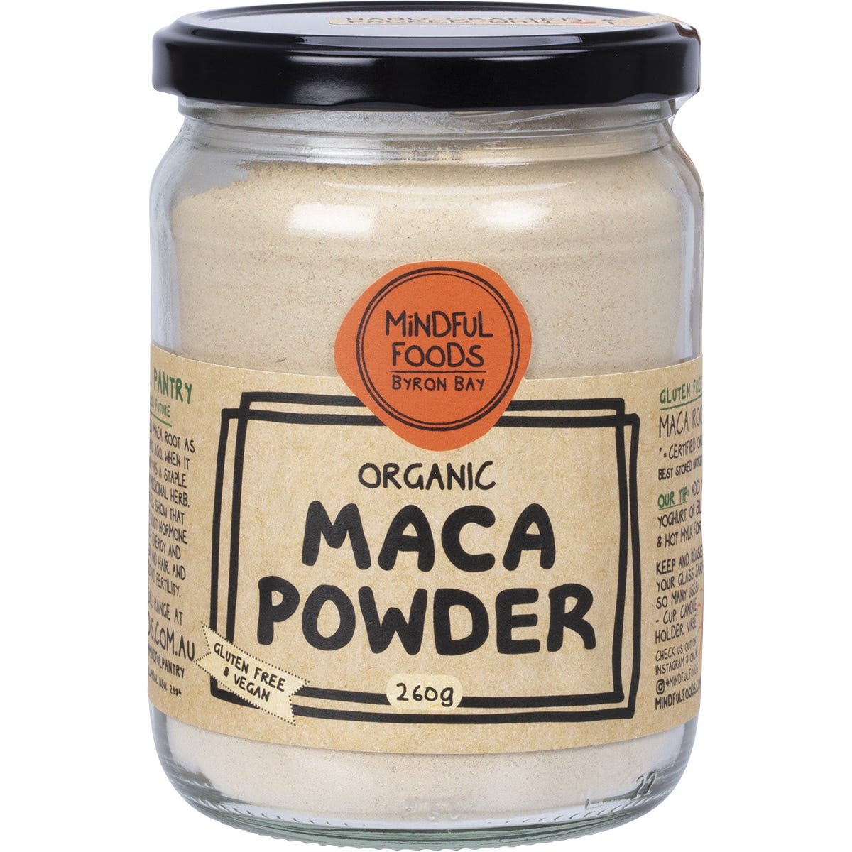 260g jar of Mindful Foods organic maca powder with a brown label and wooden lid on a white background.