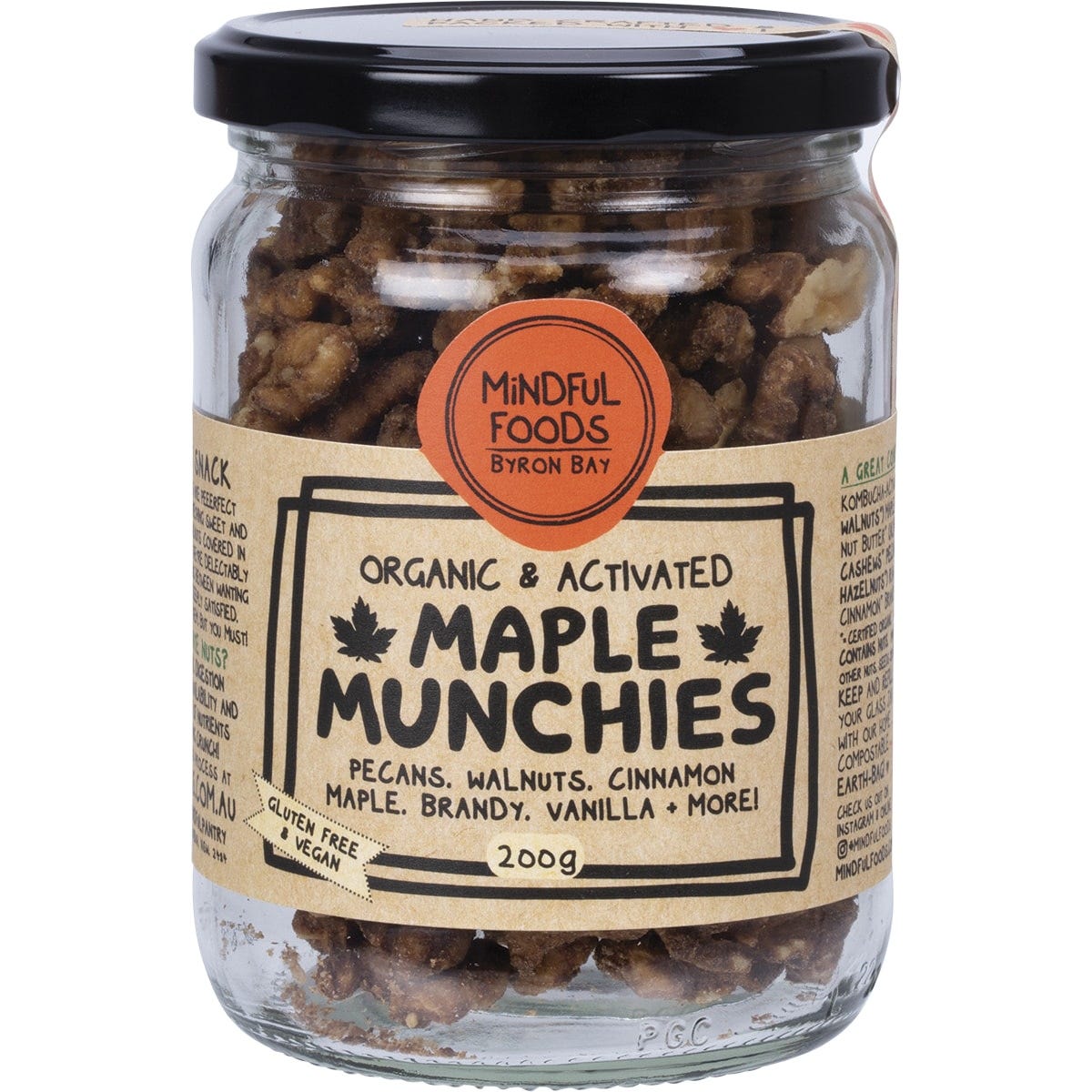 200g bag of Mindful Foods Maple Munchies featuring organic, kombucha-activated pecans and walnuts.