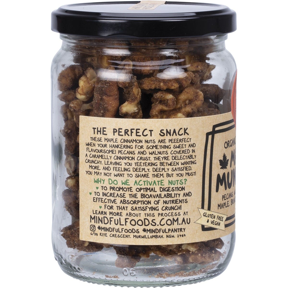 Mindful Foods Maple Munchies featuring organic, kombucha-activated pecans and walnuts with a sweet maple glaze.
