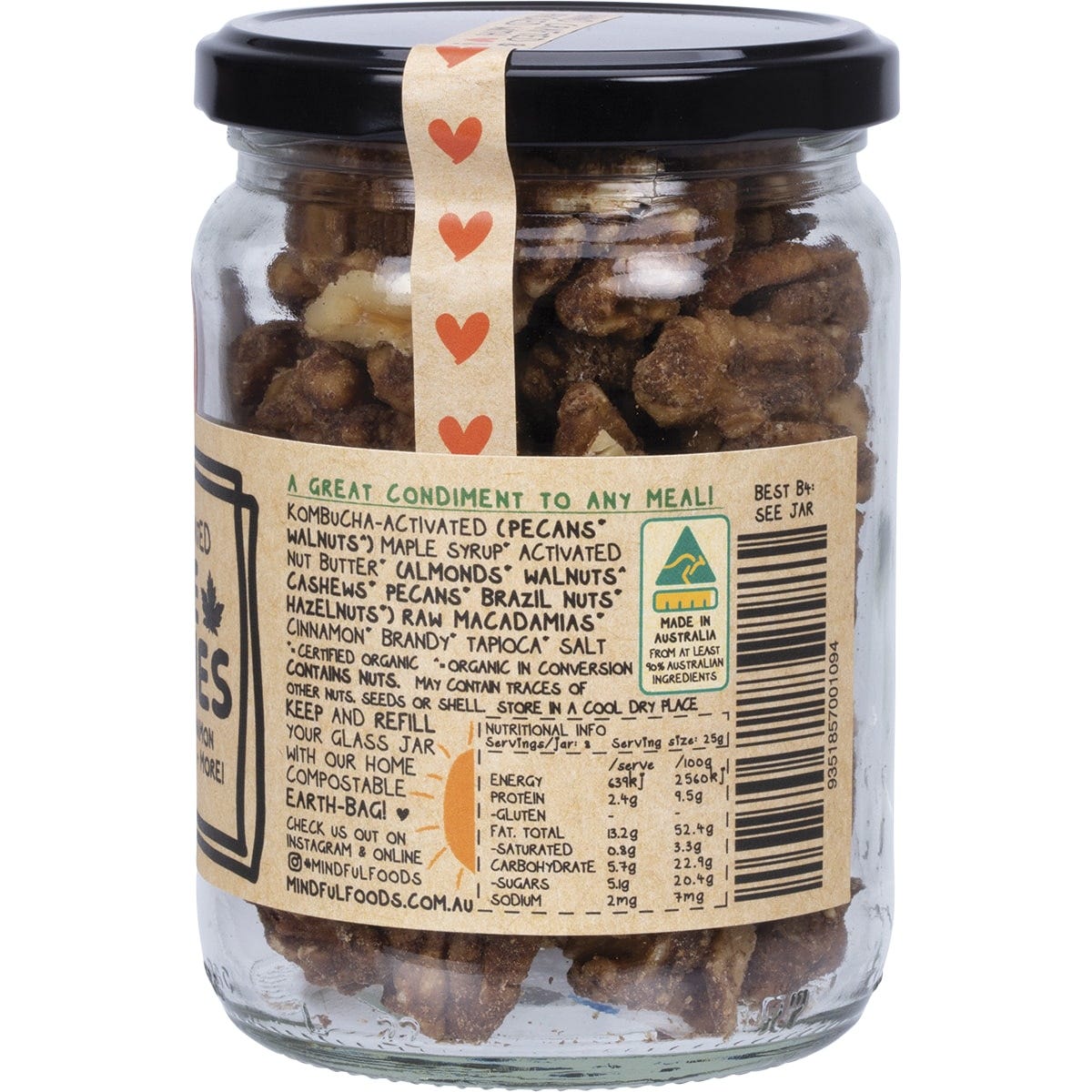 Back of Mindful Foods Maple Munchies 200g bag showing nutrition facts, ingredients, and organic certification.