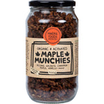 400g glass jar of Mindful Foods Maple Munchies organic and activated nuts with a black lid and botanical label.