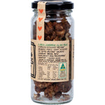 Mindful Foods Maple Munchies 90g jar with organic activated pecans, walnuts, and macadamias on a white background.