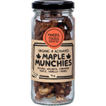 90g jar of Mindful Foods Maple Munchies with organic, activated pecans, walnuts, and macadamias on a white background.
