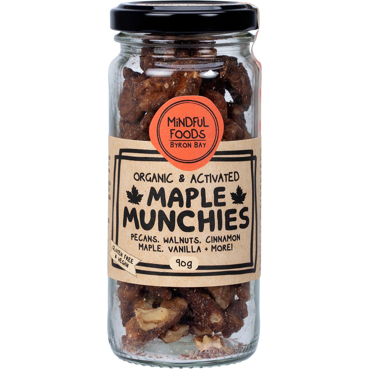90g jar of Mindful Foods Maple Munchies with organic, activated pecans, walnuts, and macadamias on a white background.