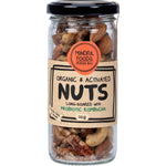 110g glass jar of Mindful Foods Organic & Activated Mixed Nuts with a white label and gold-colored lid.