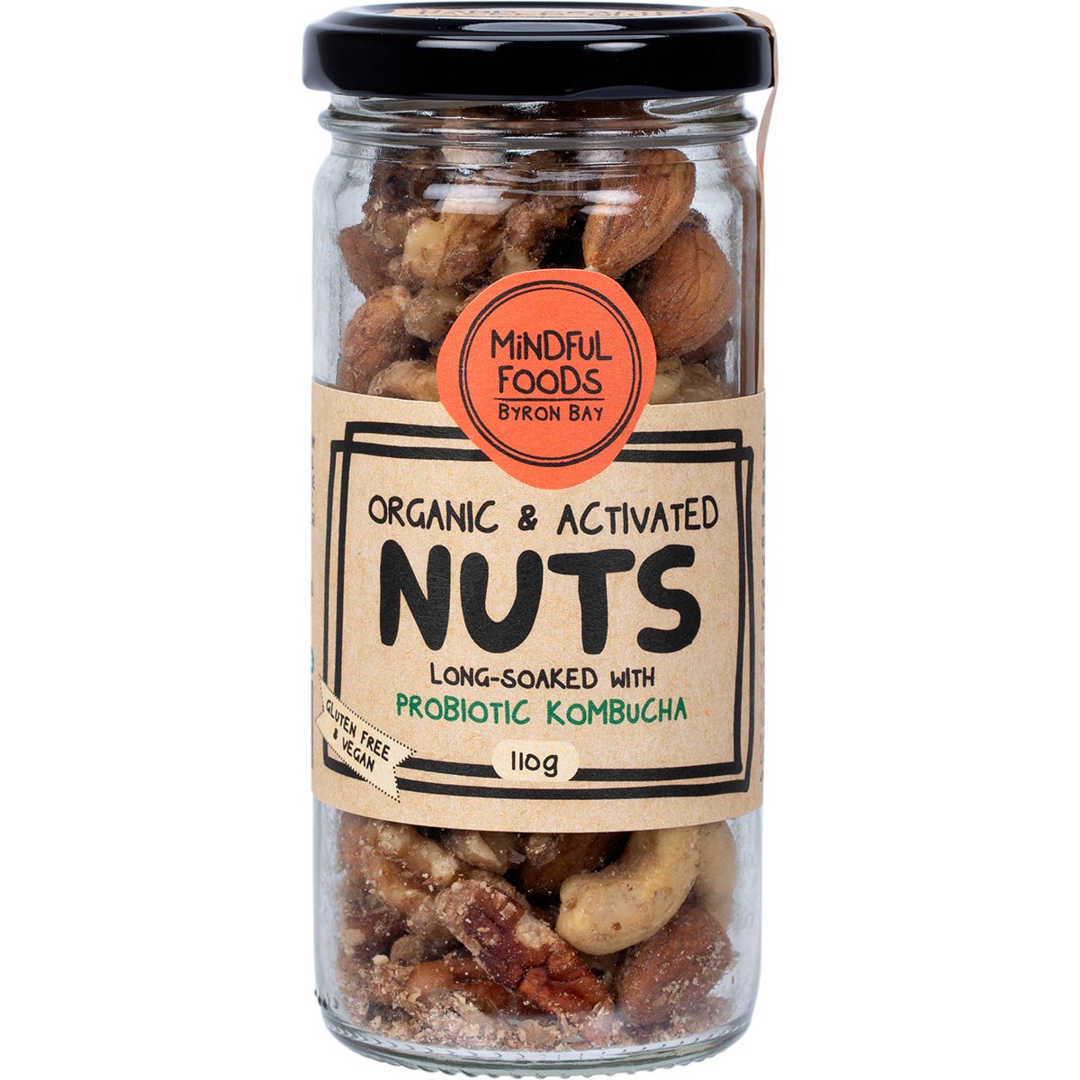 110g glass jar of Mindful Foods Organic & Activated Mixed Nuts with a white label and gold-colored lid.