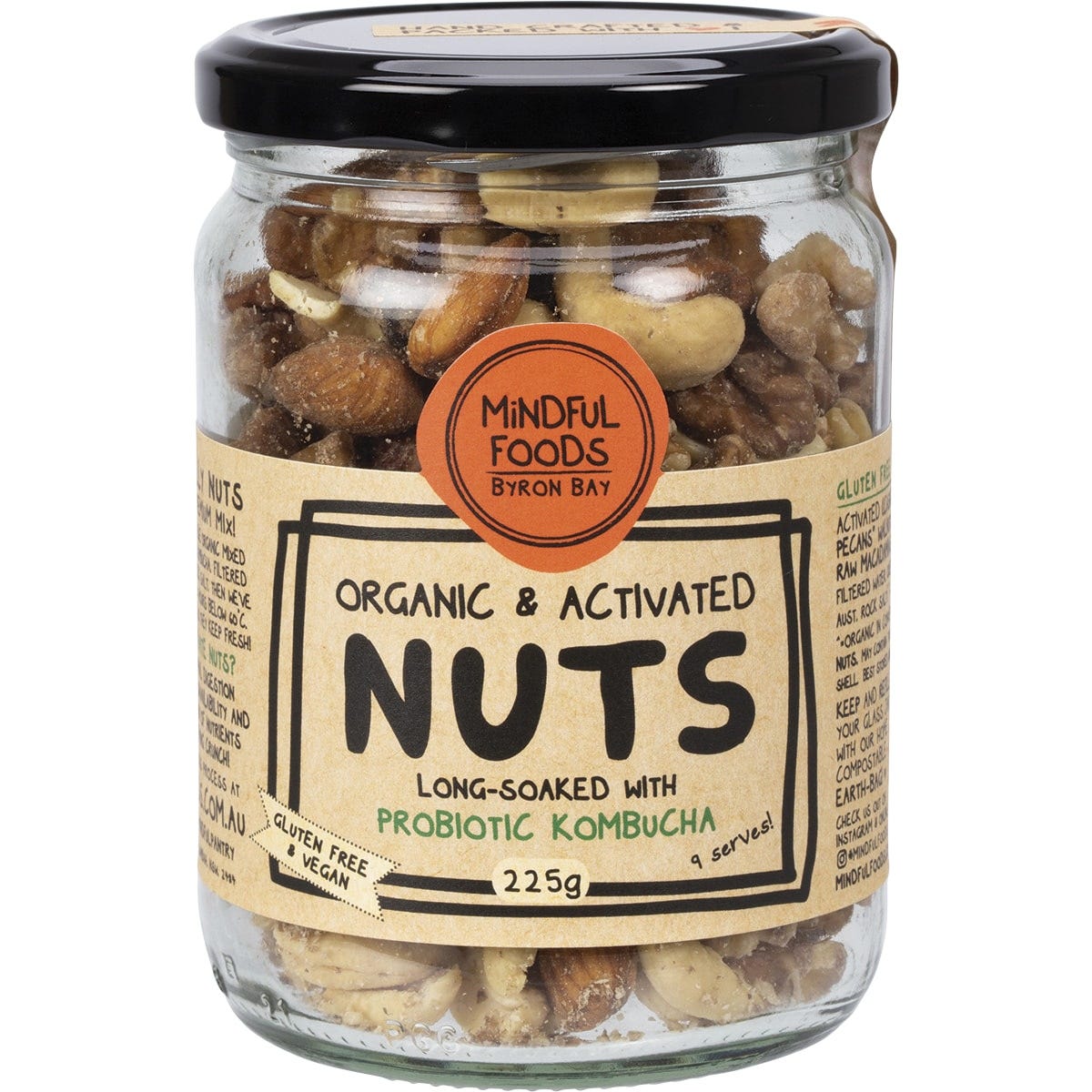 225g jar of Mindful Foods organic and activated mixed nuts on a white background.