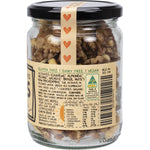 Side view of a Mindful Foods Mixed Nuts 225g jar showing the ingredients list and nutritional information.