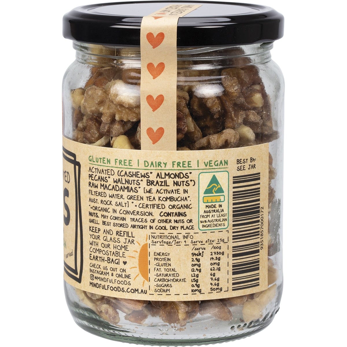 Side view of a Mindful Foods Mixed Nuts 225g jar showing the ingredients list and nutritional information.