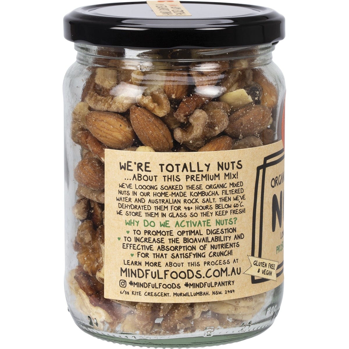 Mindful Foods 225g glass jar of organic and activated mixed nuts on a white background.