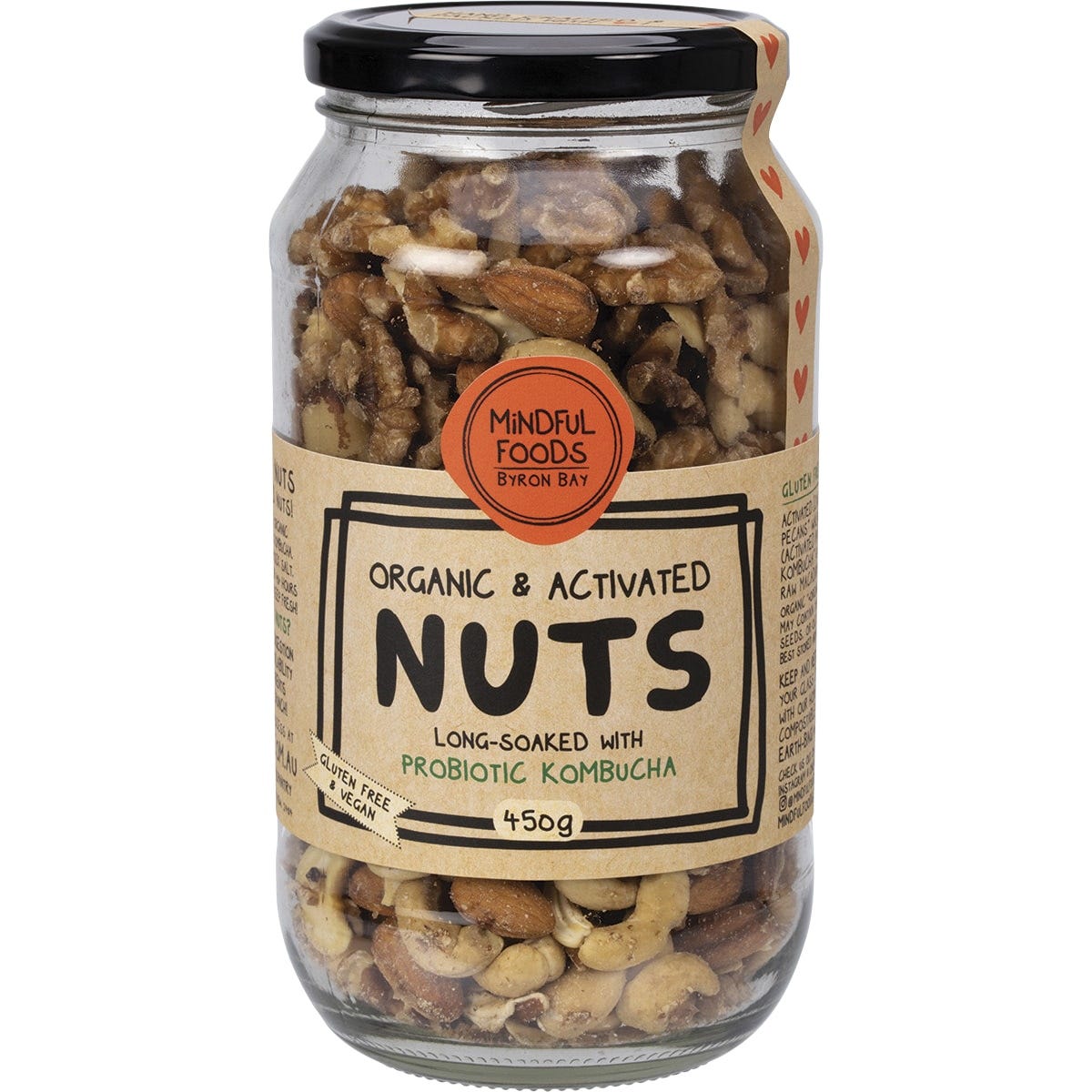 450g glass jar of Mindful Foods Organic & Activated Mixed Nuts with a white label and botanical illustrations.