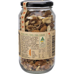 Side view of Mindful Foods Organic & Activated Mixed Nuts 450g glass jar showing nutritional facts and ingredients.