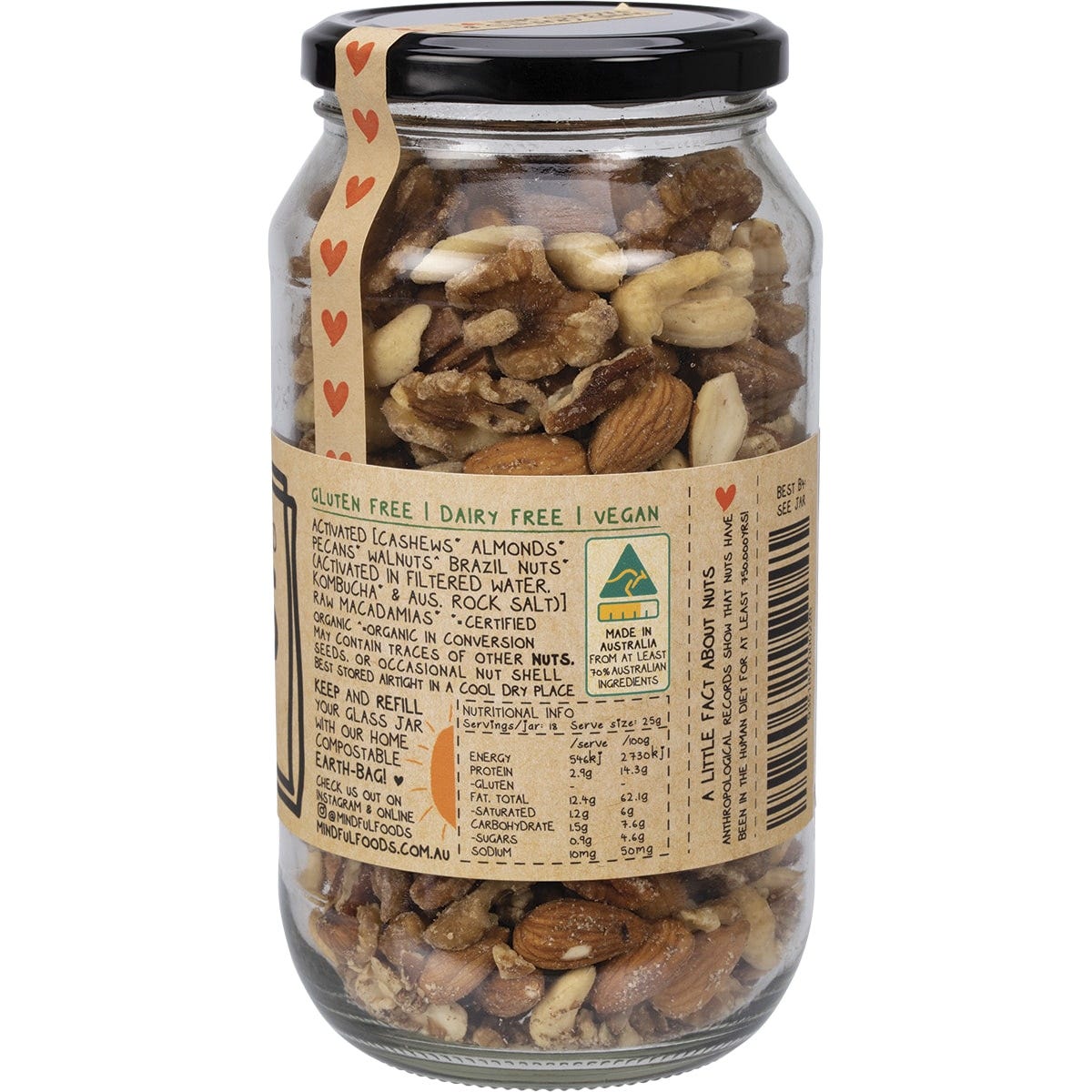 Side view of Mindful Foods Organic & Activated Mixed Nuts 450g glass jar showing nutritional facts and ingredients.