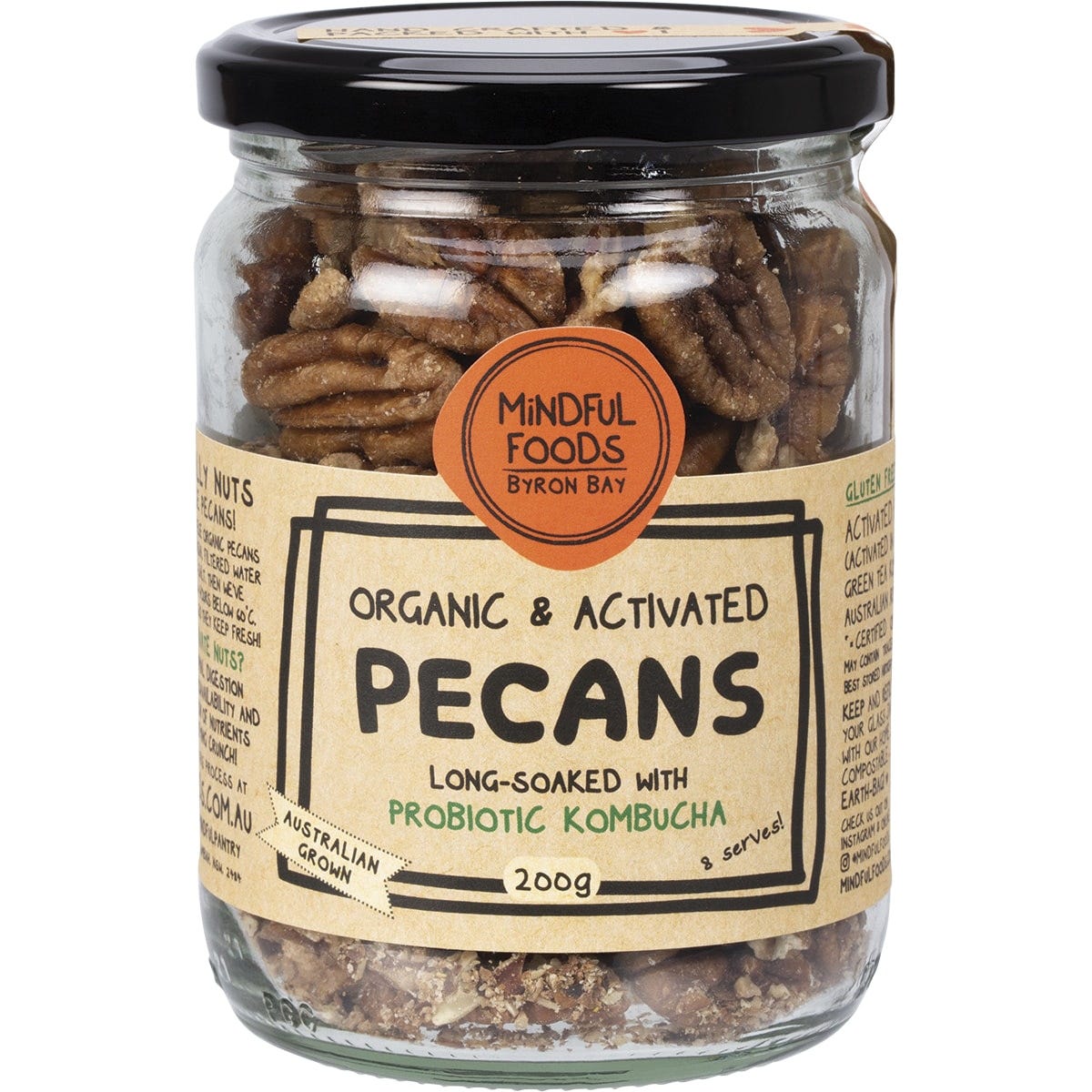 200g bag of Mindful Foods Organic & Activated Pecans on a white background.