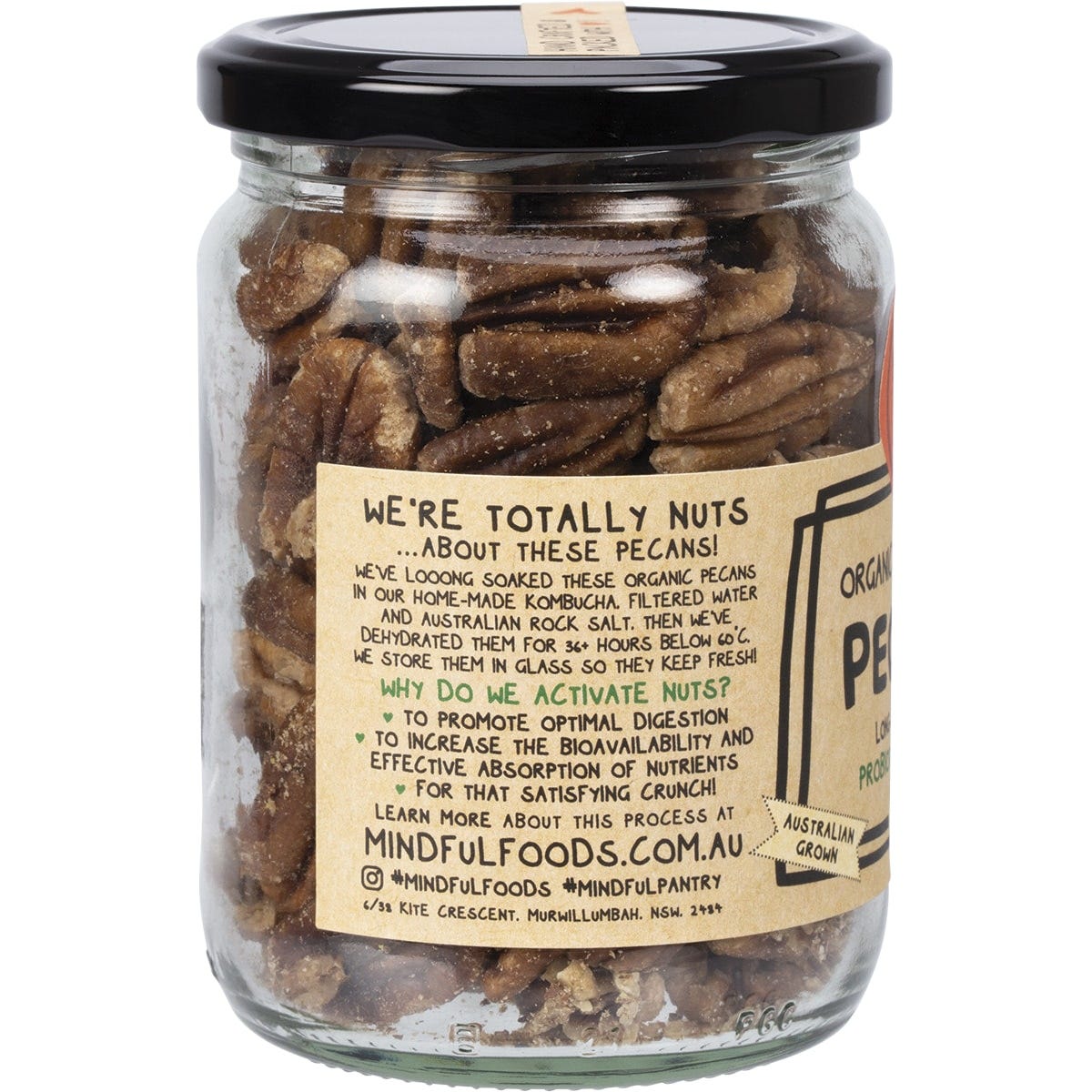 200g bag of Mindful Foods Organic & Activated Pecans featuring a transparent window showing the nuts.
