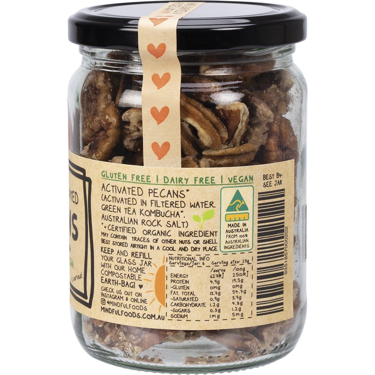 Side view of a 200g bag of Mindful Foods Organic & Activated Pecans highlighting its nutritional benefits.