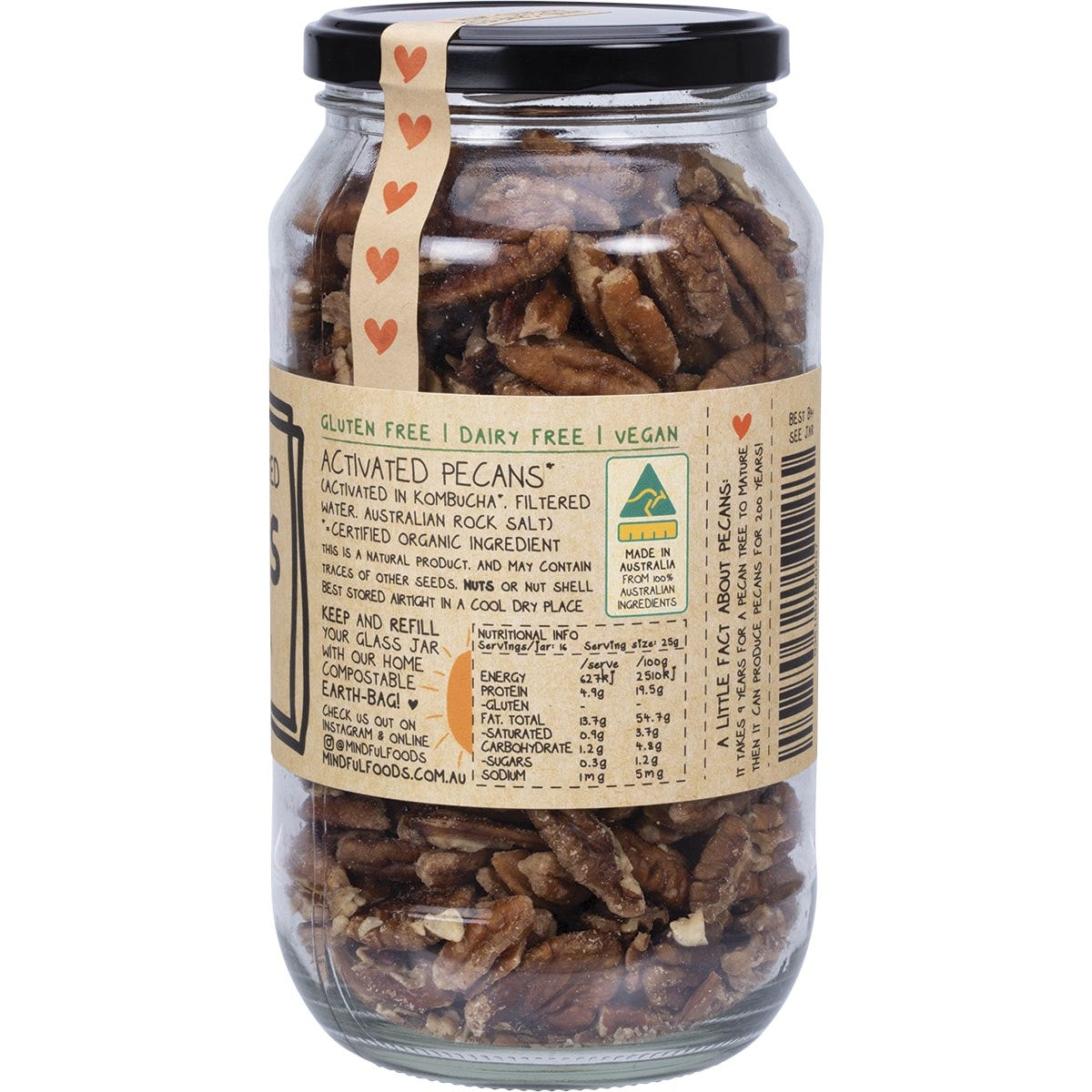 Side view of Mindful Foods Organic and Activated Pecans 400g glass jar highlighting product features and ingredients.