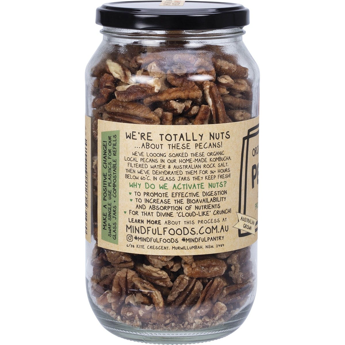 Mindful Foods 400g glass jar of organic and activated pecans on a white background.
