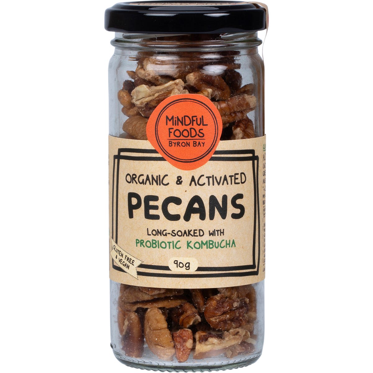 90g jar of Mindful Foods Organic and Activated Pecans on a white background.