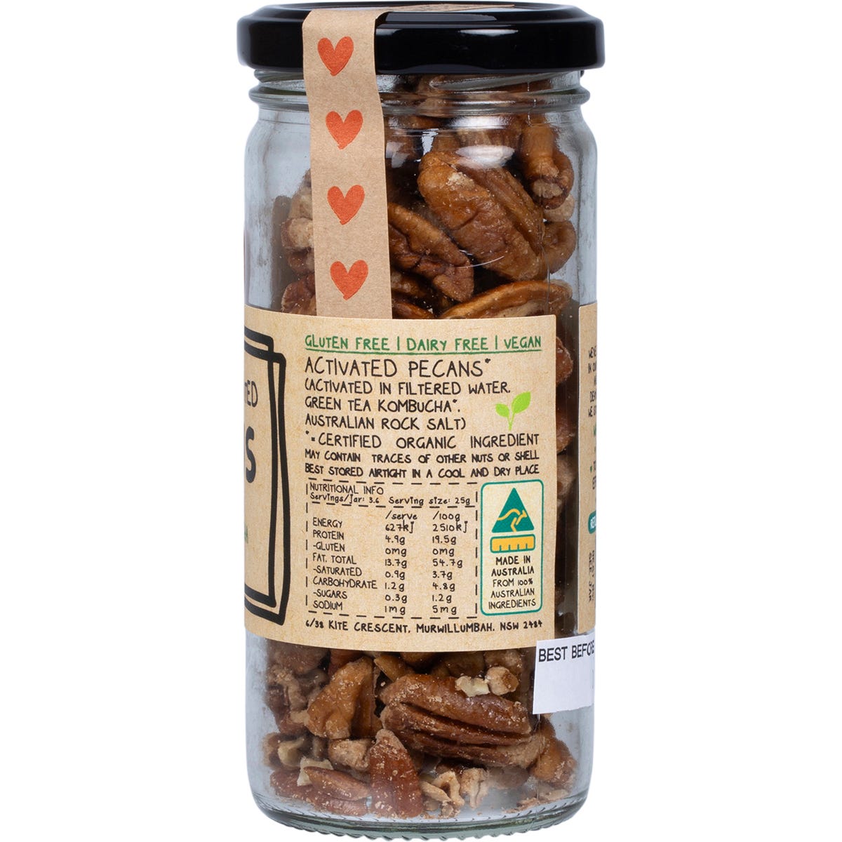 90g glass jar of Mindful Foods organic activated pecans with a white and black label on a white background.